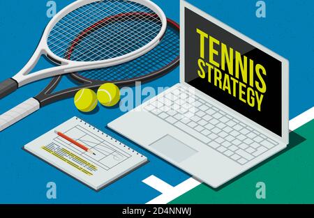 Stratégies et tactiques de tennis : ordinateur portable, raquettes et balles, illustration 3D Banque D'Images