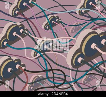 Réseau Cloud avec de nombreux câbles de connexion, illustration 3D Banque D'Images