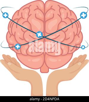 mains soulevant le cerveau humain avec des symboles de pluss autour de la santé mentale illustration care vector Illustration de Vecteur