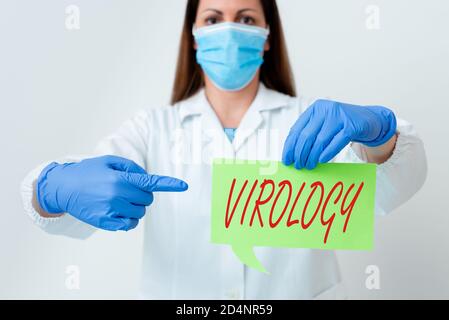 Panneau de texte indiquant Virologie. Photo d'affaires branche de texte de la science traitant de la variété des agents viraux et de la maladie technicien de laboratoire présentant Banque D'Images