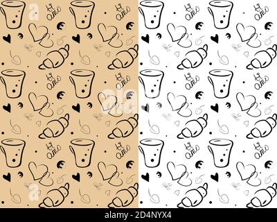 J'ADORE le café sans coutures. Dessin à la main style illustration de tasse, coeurs, brioche, italien main lettrage texte Ti AMO. Illustration de Vecteur