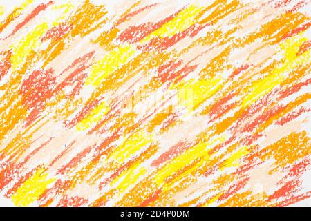 Arrière-plan griffonnez de crayons de différentes couleurs. Trait de crayon de cire orange jaune. Texture dessinée à la main Banque D'Images