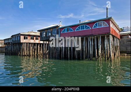 Maisons Stilt à Castro, île Chiloé, Chili Banque D'Images