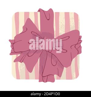 Boîte cadeau rose avec rayures et ruban rose. Cadeau pour les amoureux de la Saint Valentin. Illustration vectorielle de style dessin animé à plat. Élément clip-art moderne Illustration de Vecteur