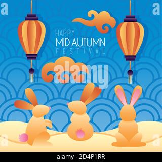 affiche lettering du festival du milieu de l'automne avec lapins et lanternes illustration vectorielle suspendue Illustration de Vecteur