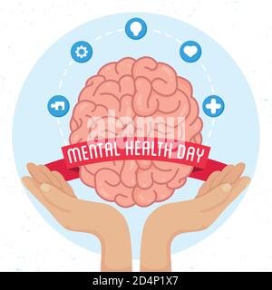 Affiche de la Journée de la santé mentale avec les mains soulevant le cerveau et la mise en place icônes illustration vectorielle Illustration de Vecteur