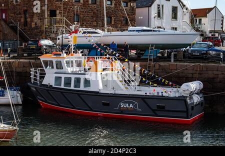 North Berwick, East Lothian, Écosse, Royaume-Uni, 10 octobre 2020. Météo au Royaume-Uni : soleil et nouveau bateau touristique. Sula III remplace Sula II et est arrivé il y a quelques jours décoré de pennants colorés, il a un système gyro sophistiqué dans sa coque qui lui permet de gérer la houle dans le Firth extérieur de Forth. Il offrira aux visiteurs un service de ferry pour Anstruther ainsi que des excursions en bateau vers les îles. Sula III a été conçu par Murray Cormack Naval Architects à Argyll, et construit par Alutec Marine Ltd à Balcardine, près d'Oban; sa livraison a été retardée par la pandémie de Covid-19 Banque D'Images