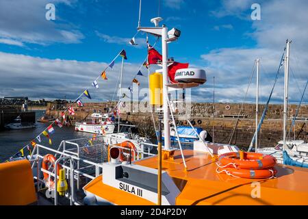 North Berwick, East Lothian, Écosse, Royaume-Uni, 10 octobre 2020. Météo au Royaume-Uni : soleil et nouveau bateau touristique. Sula III remplace Sula II et est arrivé il y a quelques jours décoré de pennants colorés, il a un système gyro sophistiqué dans sa coque qui lui permet de gérer la houle dans le Firth extérieur de Forth. Il offrira aux visiteurs un service de ferry pour Anstruther ainsi que des excursions en bateau vers les îles. Sula III a été conçu par Murray Cormack Naval Architects à Argyll, et construit par Alutec Marine Ltd à Balcardine, près d'Oban; sa livraison a été retardée par la pandémie de Covid-19 Banque D'Images