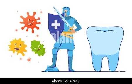 Protection anti-caries des dents en bonne santé avec un chevalier tenant une épée et un bouclier. Soins dentaires. Illustration de Vecteur