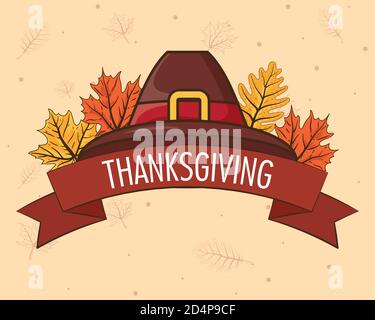 joyeux anniversaire de thanksgiving lettrage dans le ruban avec des feuilles et motif illustrations vectorielles chapeau pèlerin Illustration de Vecteur