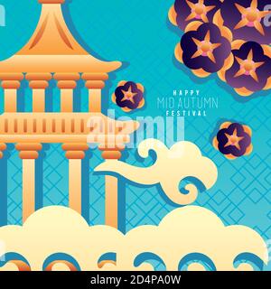 joyeux festival du milieu de l'automne affiche lettering avec château et fleurs conception d'illustrations vectorielles dans les nuages Illustration de Vecteur