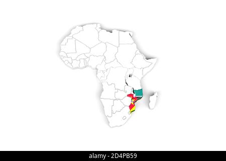 Afrique carte 3d avec frontières marquées - zone du Mozambique marquée Avec drapeau du Mozambique - isolé sur fond blanc - 3D Illustration Banque D'Images