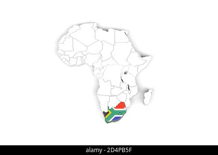 Afrique carte 3d avec frontières marquées - Afrique du Sud Marqué avec le drapeau de l'Afrique du Sud - isolé sur fond blanc - Illustration 3D Banque D'Images