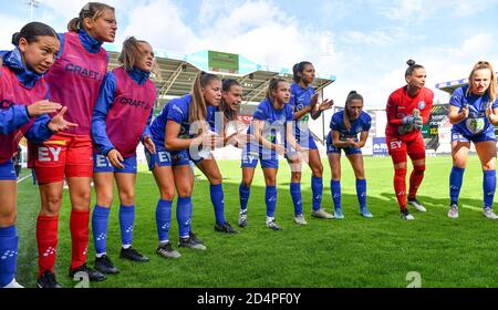 Waregem, Belgique. 10 octobre 2020. Les joueurs de Gent photographiés écoutant le discours de Silke Vanwynsberghe de Gent (21) lors d'un match de football féminin entre Zulte Waregem et les femmes de KAA Gent le quatrième jour de match de la saison 2020 - 2021 de la Super League belge Scooore Womens, samedi 10 octobre 2020 à Waregem, Belgique . PHOTO SPORTPIX.BE | SPP | DAVID CATRY David Catry | Sportpix.be | SPP Credit: SPP Sport Press photo. /Alamy Live News Banque D'Images