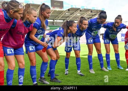 Waregem, Belgique. 10 octobre 2020. Les joueurs de Gent photographiés écoutant le discours de Silke Vanwynsberghe de Gent (21) lors d'un match de football féminin entre Zulte Waregem et les femmes de KAA Gent le quatrième jour de match de la saison 2020 - 2021 de la Super League belge Scooore Womens, samedi 10 octobre 2020 à Waregem, Belgique . PHOTO SPORTPIX.BE | SPP | DAVID CATRY David Catry | Sportpix.be | SPP Credit: SPP Sport Press photo. /Alamy Live News Banque D'Images