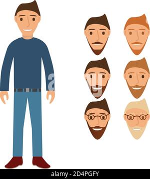 Le jeune gars en Jean un pull et des bottes.UN ensemble de têtes avec différents styles de cheveux et de barbes et de moustaches et portant des lunettes. Illustration de Vecteur