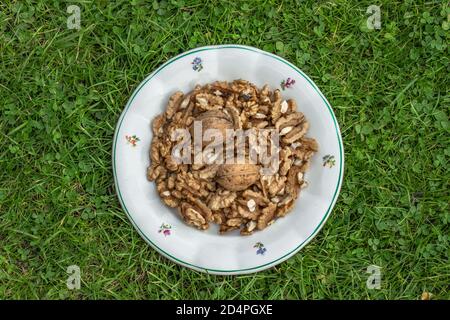 Plaque en céramique pleine de noix et de noix de cerisier dans l'herbe verte vue du dessus.noix fraîches crues pleines de graisses saines, fibres, vitamines et minéraux.manger W Banque D'Images
