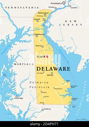 Delaware, DE, carte politique. Dans la région du centre de l'Atlantique des États-Unis d'Amérique. Capitale Douvres. Le premier État, la petite merveille. Banque D'Images