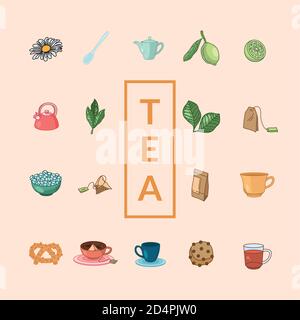 Collection Icon style ligne de thé et de remplissage, Time Drink petit déjeuner et illustration vectorielle thème boisson Illustration de Vecteur