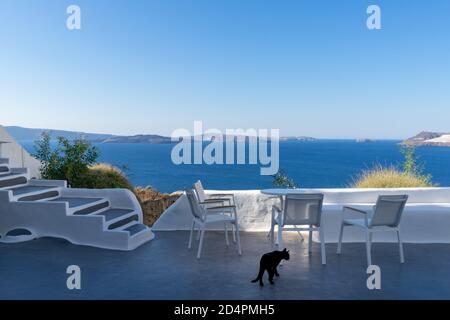 Chat noir isolé et quatre chaises blanches avec table blanche sur une terrasse blanche avec vue sur la mer bleue et la caldeira un jour ensoleillé, sans personne. Oia, Santo Banque D'Images