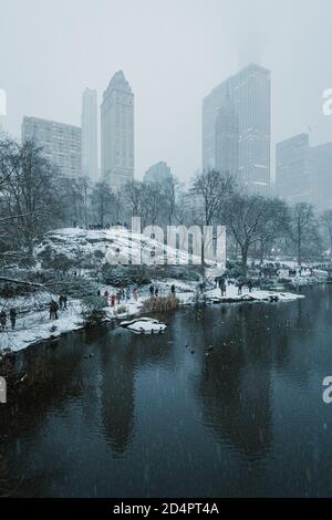 Vue sur le paysage urbain de Midtown, à The Pond, à Central Park, Manhattan, New York Banque D'Images