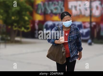 Protection contre la pandémie, femme dans un masque médical marchant dans une rue. Illustration de Vecteur