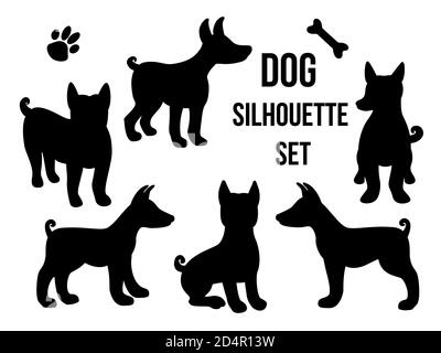 Définir la silhouette du chien dans différentes poses. Illustration vectorielle isolée sur fond blanc. Race de chien Basenji ensemble de forme noire. Style de dessin animé Illustration de Vecteur