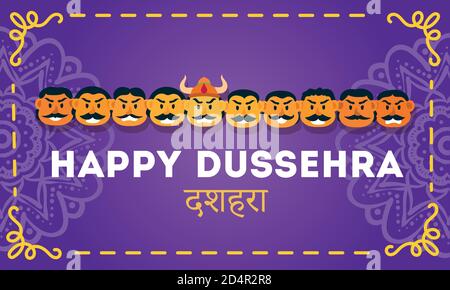 bonne célébration de dussehra lettering avec le démon ravana de dix têtes illustration vectorielle Illustration de Vecteur