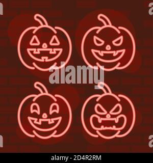 ensemble de citrouilles happy halloween en forme de vecteur lumineux au néon Illustration de Vecteur