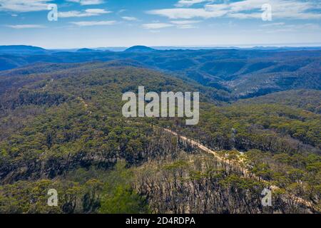 Vue aérienne d'une piste de terre traversant la forêt affectée Par des feux de brousse dans les Blue Mountains dans la région du Nouveau Sud Pays de Galles en Australie Banque D'Images