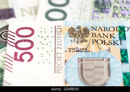 Macro photo de la face avant d'un rare billet polonais PLN 500, gros plan sur les inscriptions. Banque D'Images