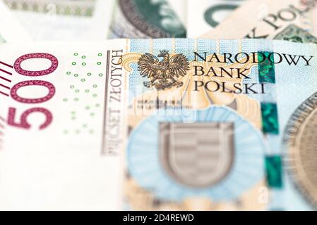 Macro photo de la face avant d'un rare billet polonais PLN 500, gros plan sur les inscriptions. Banque D'Images