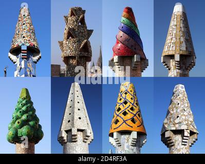 Un collage de 8 cheminées colorées sur Palau Guell, Barcelone, Espagne conçu par Antoni Gaudi. Banque D'Images