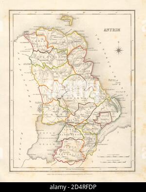 Carte antique DE COUNTY ANTRIM pour LEWIS by DOWER & CREIGHTON. Ulster 1846 ans Banque D'Images