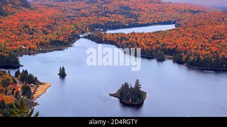 Vue panoramique sur le lac Monroe avec la couleur des feuilles d'automne dans le parc national du Mont-Tremblant, Québec Banque D'Images