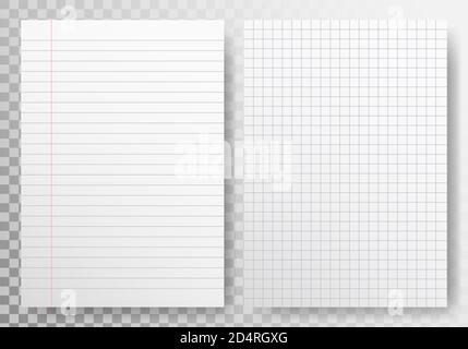 Modèle de lignes papier sur fond transparent. Feuille vierge réaliste. Jeu de papier avec ombre. Page du livre de notes. Feuille blanche à carreaux. Vecteur Illustration de Vecteur