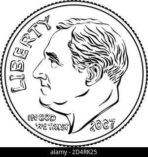 American Money Roosevelt dime, États-Unis une dime ou 10 cents pièce d'argent avec le président Franklin D Roosevelt en contre. Image en noir et blanc Illustration de Vecteur