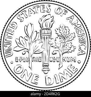 American Money Roosevelt dime, États-Unis une dime ou 10 cents pièce d'argent, branche d'olive, torche, branche de chêne au dos. Image en noir et blanc Illustration de Vecteur