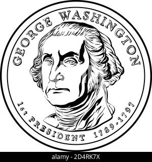 Monnaie américaine pièce présidentielle en dollar, avec le premier président des États-Unis Washington en contre-face. Image en noir et blanc Illustration de Vecteur