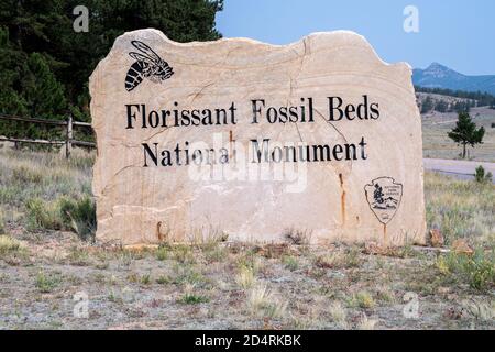 Teller County, Colorado - 16 septembre 2020 : panneau de bienvenue pour le monument national Florissant Fossil Beds Banque D'Images