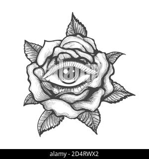 Tatouage avec l'œil humain à l'intérieur d'une fleur de rose isolée sur fond blanc. Illustration vectorielle. Illustration de Vecteur