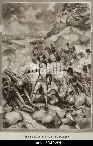 Guerra de la Independencia Española (1808-1814). Batalla de la Albuera (16 de mayo de 1811). Enfrentamiento entre les tropas anglo-hispano-portuguesas, al mando del General William Beresford, contra el ejército napoleónico del mariscal Soult, en las cercanias de la Albuera, Extremadura. Ilustración. Los Guerrillerlos de 1808. Historia Popular de la Guerra de la Independencia, por E. Rodriguez-Solis, Tomo I. Madrid, 1930. Banque D'Images