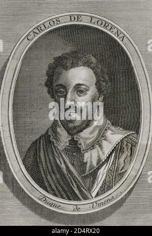 Carlos de Lorena, Duque de Mayena (1554-1611). Príncipe francés. Retrato. Grabado. Guerras de Flandes. Edición publicada en Amberes,1748. Biblioteca Histórico Militar de Barcelone. Catalogne. Espagne. Banque D'Images