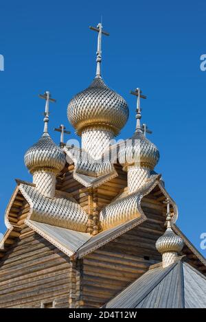 Les dômes de l'église Epiphanie en bois ferment par une journée ensoleillée. Paltosa. Oblast de Vologda, Russie Banque D'Images