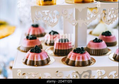 Bar à bonbons pour mariages avec petits gâteaux aux couleurs vives différentes, macarons, gâteaux, gelée et fruits. Banque D'Images