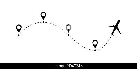 Icône de vecteur de ligne d'avion d'itinéraire de vol d'avion avec point de départ et tracé de ligne isolés sur fond blanc . Illustration de Vecteur