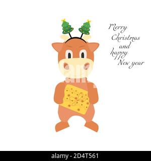 Joli taureau de dessin animé avec un cadeau dans le rebord du nouvel an. Illustration vectorielle d'un animal isolé sur un fond blanc. Bonne année et joyeux Illustration de Vecteur