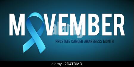 Bannière pour le mois de sensibilisation au cancer de la prostate en novembre. Mot movember avec ruban bleu réaliste. Modèle de conception pour affiche. Illustration vectorielle. Illustration de Vecteur