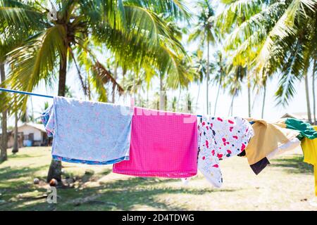 Vêtements pour enfants sur la ligne de lavage dans la plantation de noix de coco au bord de la mer. Banque D'Images