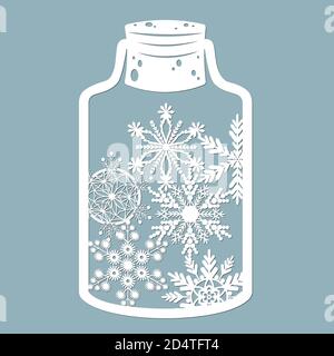 Jouets de Noël, ballons dans les arbres dans un pot en verre. Avec flocons de neige. Coupe au laser. Illustration vectorielle. Motif pour la coupe au laser, la sérigraphie, le traceur Illustration de Vecteur